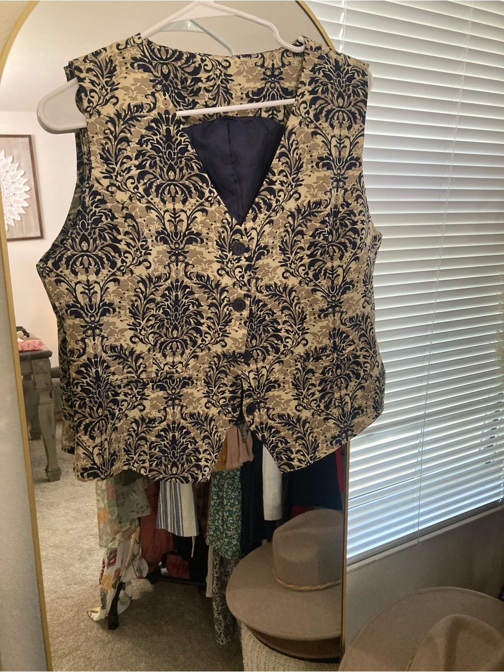 Damask Brocade Vest in Navy and Cream